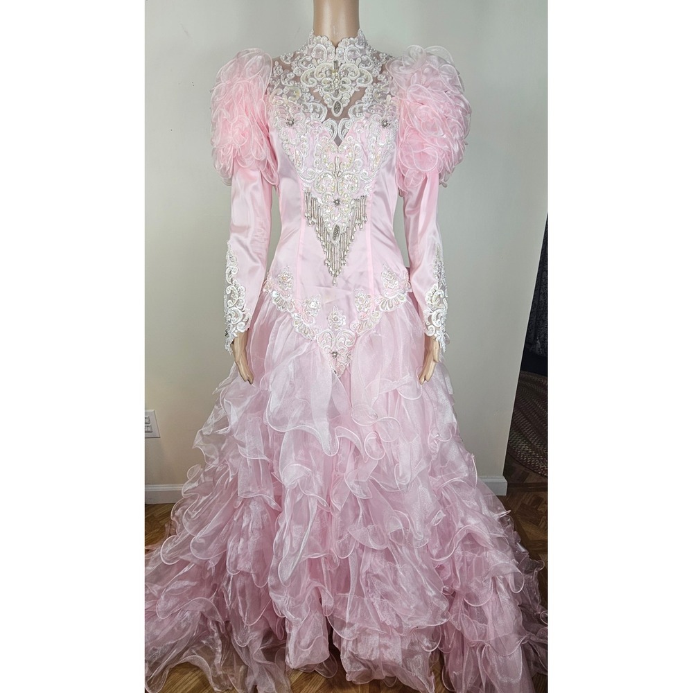 San Martin Bridals XS / SVintage 80s Pink Satin Lace Ruffle Wedding Gown Dress